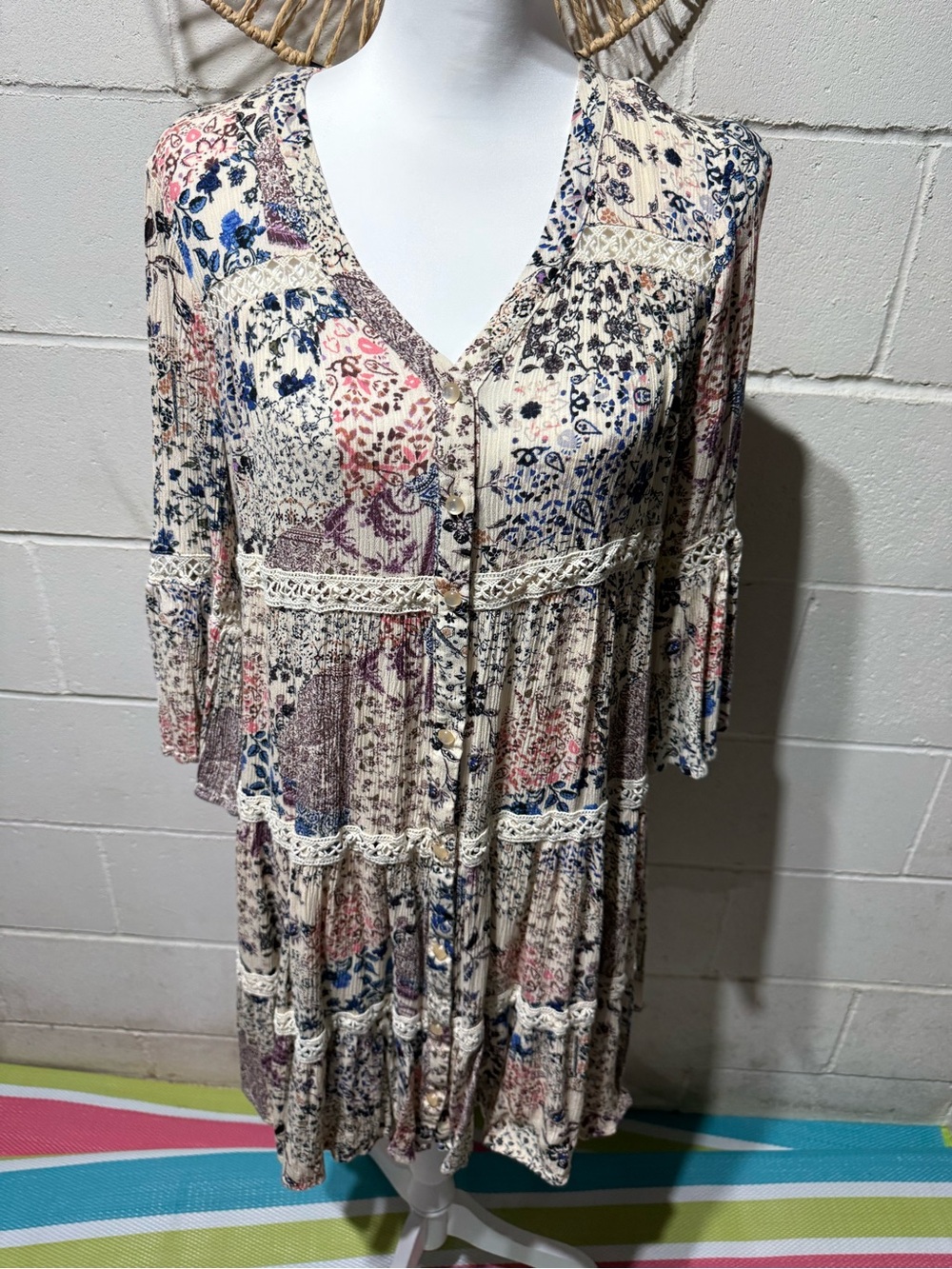 Boho Floral Tiered V-Neck Dress in Cream & Blue